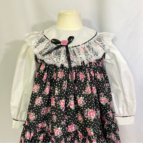 Girl’s Vintage MiniWorld Floral Polka Dot Pinafore Dress 4T Party Ruffle - Picture 3 of 12